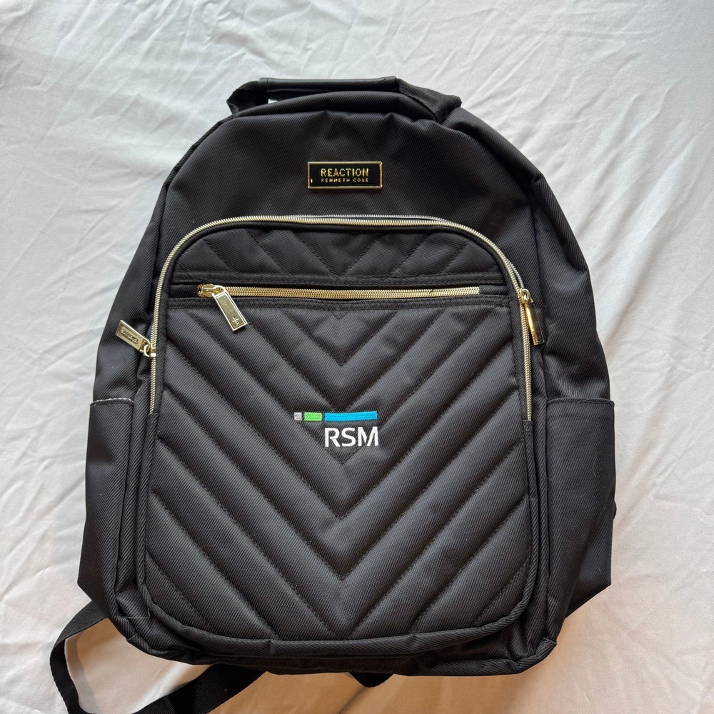 Reaction Kenneth Cole Black Quilted Backpack Gold Accent RSM Logo